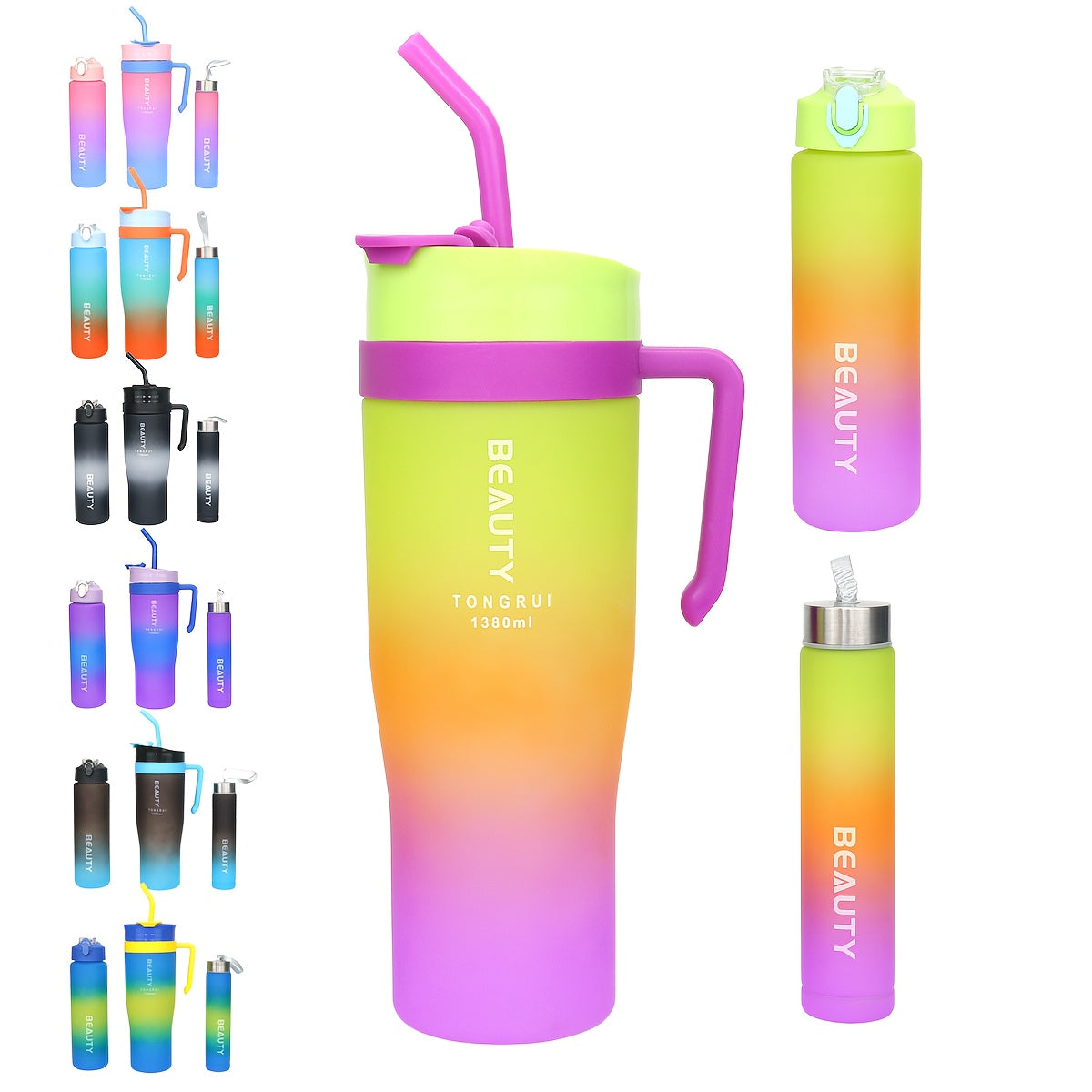 Ensemble de 5 bouteilles d'eau dégradées sans BPA avec paille et couvercle anti-fuite - Bouteilles de sport étanches de 1,3 L, 800 ml et 260 ml pour la gym, les voyages et l'extérieur
