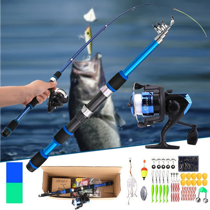 Kit de pêche complet avec canne, moulinet, ligne, leurres souples et hameçons, action rapide, ambidextre, pour pêche en eau douce et en mer - Cadeau idéal pour pêcheur débutant en plein air, Bleu Vert