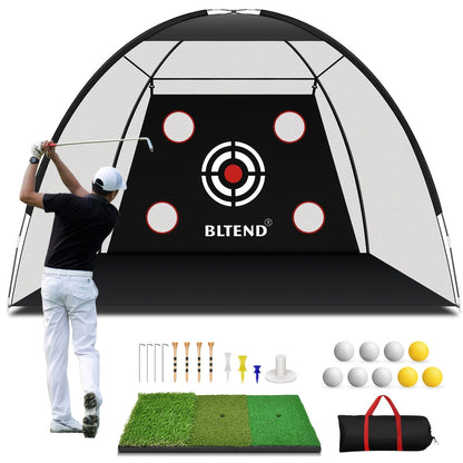 Filet de pratique de golf 10x7 pi avec tapis, balles, tees et sac de transport – Filet de frappe robuste pour jardin, sous-sol et usage intérieur/extérieur, équipement d'entraînement de golf, cadeau pour hommes et femmes