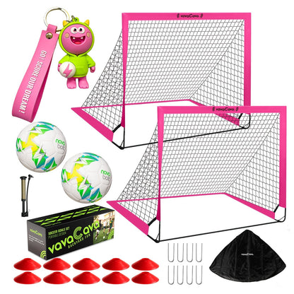 Lot de 2 buts de football portables pop-up – Filets de football pliables de 1,2 m x 0,9 m pour jeunes et adultes, inclut 2 ballons, une pompe et un sac de transport, tissu Oxford 450D, buts de football pour intérieur et extérieur (vert/rose)