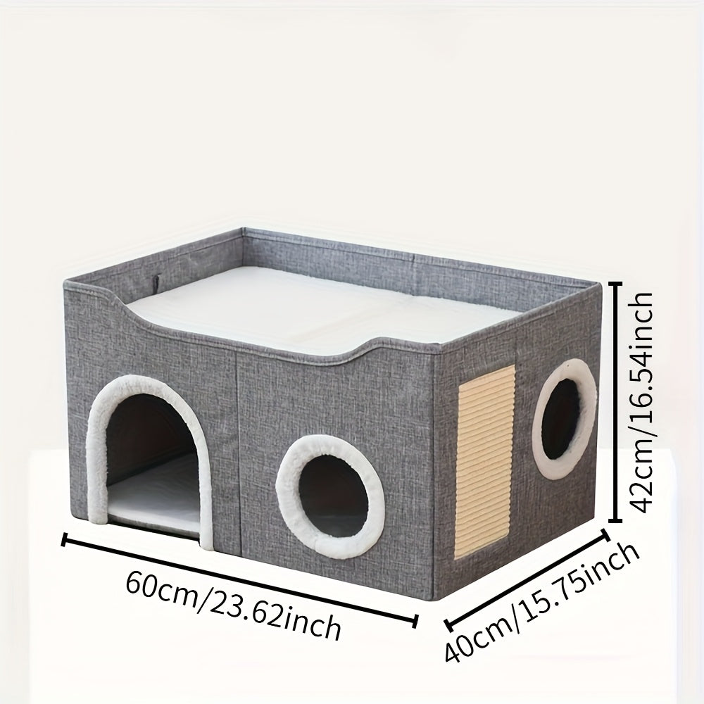 Maison pour chat pliable à 2 niveaux avec griffoir, balle suspendue en peluche et tunnel – Cube de couchage pour chat d'intérieur, structure en nylon et toile, design compact de 42 x 42 x 33 cm pour les petits espaces