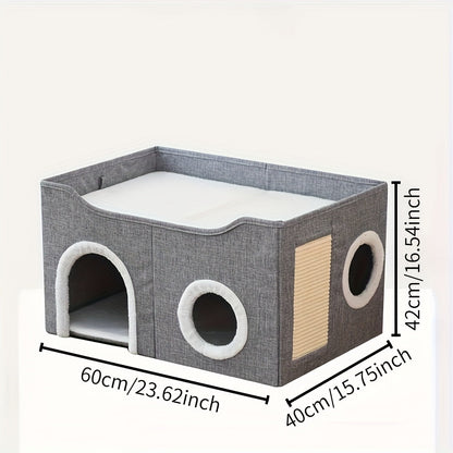 Maison pour chat pliable à 2 niveaux avec griffoir, balle suspendue en peluche et tunnel – Cube de couchage pour chat d'intérieur, structure en nylon et toile, design compact de 42 x 42 x 33 cm pour les petits espaces