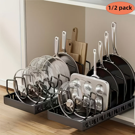 Organisateur coulissant pour casseroles et poêles pour sous-meuble – Support de couvercles extractible avec 8 compartiments réglables, installation sans perçage, rangement pour ustensiles de cuisine et plaques de cuisson – 1 ou 2 pièces