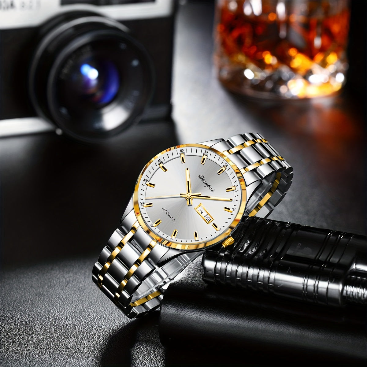Montre mécanique automatique pour homme – Bracelet fin en acier inoxydable, aiguilles lumineuses, affichage du calendrier, sans pile – Montre de luxe habillée pour le travail, cadeau idéal