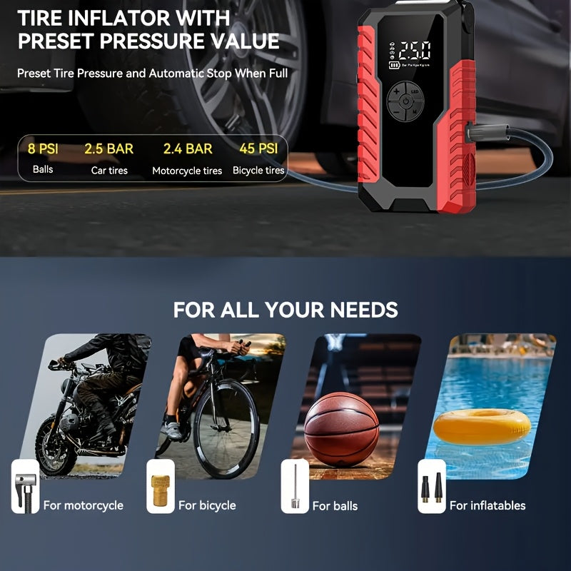 Démarreur de batterie portable 5000A avec compresseur d'air 150 PSI – Booster de batterie tout-en-un 10000mAh, port Type-C, lampe LED pour voitures essence et diesel 12V, camions, SUV et motos