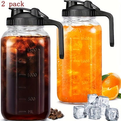 Bocal Mason de 1,9 L (64 oz) avec anse et couvercle – Carafe à boisson en verre borosilicaté de haute qualité sans BPA, étanche, lot de 2/3, pour le sport, l'extérieur, jus, eau, kombucha, cadeau de fête