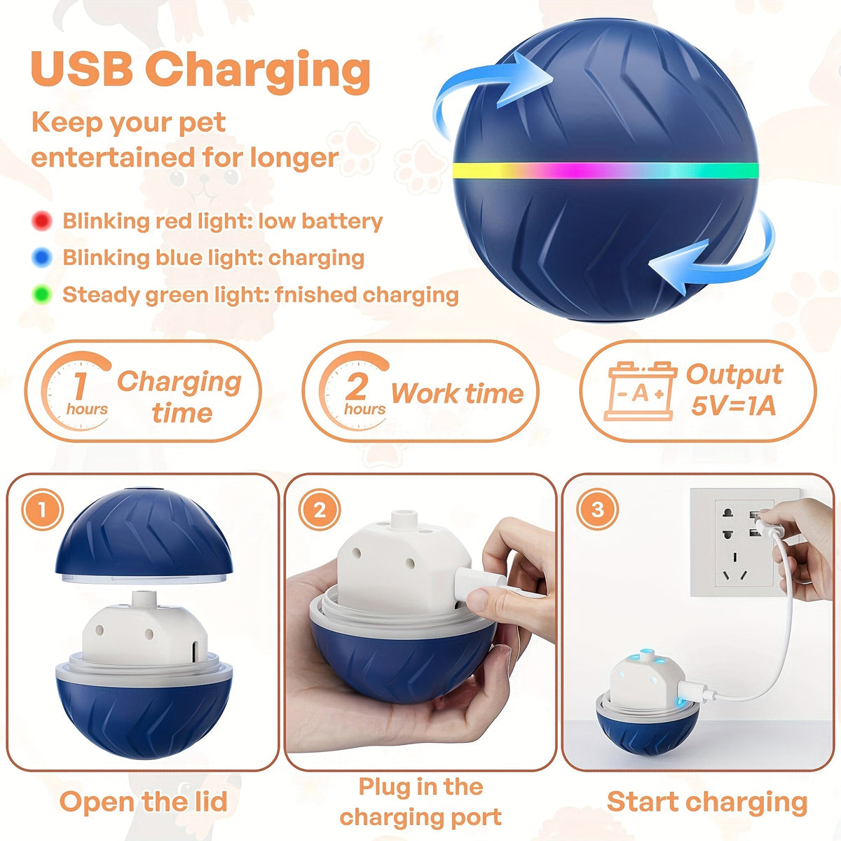 Balle interactive intelligente à rebond automatique pour chien – Jouet électronique à sauts et roulades automatiques, rechargeable par USB, durable pour toutes les races, balle de jeu mobile pour exercice en intérieur et en extérieur