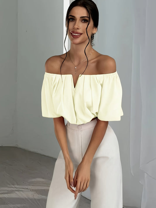 Chemisier à épaules dénudées et col en V pour femme, haut d'été sexy à manches courtes et couleur unie | Tenue décontractée pour les vacances ou les fêtes, plusieurs couleurs XS-L