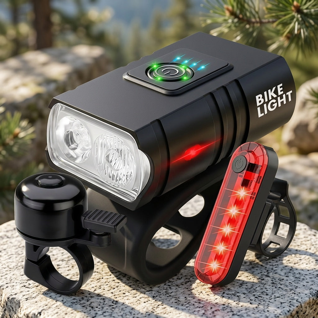 Ensemble d'éclairage de vélo rechargeable par USB ultra-lumineux – Phare avant LED 1200 mAh et feu arrière 330 mAh, 6+4 modes, faisceau large 180°, sonnette de sécurité incluse, pour vélo de route, VTT et cyclisme de nuit