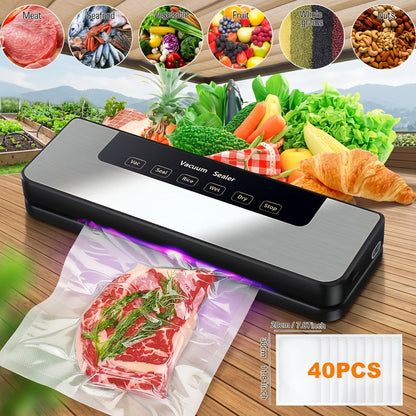 Machine de mise sous vide 65 KPA 6-en-1 avec 40 sacs gratuits – Modes humide et sec, scelleuse sous vide automatique pour la conservation des aliments, appareil professionnel et domestique avec tuyau externe