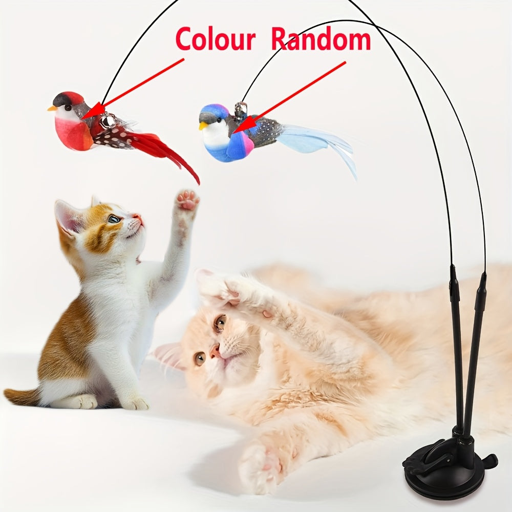 Jouet interactif pour chat plume et oiseau avec base à ventouse – Baguette pour chat mains libres à double tige, jouet pour chat intérieur et extérieur sans pile, polyester non toxique, 2 oiseaux artificiels inclus, couleurs assorties