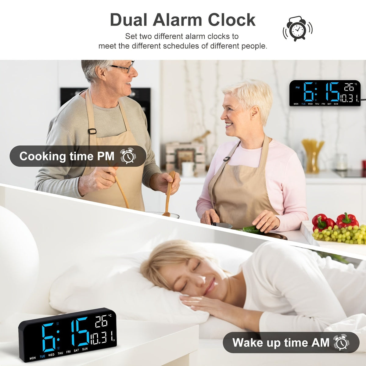 Réveil LED à grand écran avec télécommande à atténuation automatique – Horloge numérique de 15 pouces affichant l'heure, la date, le jour de la semaine, la température et l'humidité – Horloge de chevet pour seniors, salon, bureau