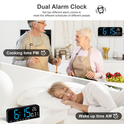 Réveil LED à grand écran avec télécommande à atténuation automatique – Horloge numérique de 15 pouces affichant l'heure, la date, le jour de la semaine, la température et l'humidité – Horloge de chevet pour seniors, salon, bureau
