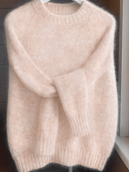 Pull à col rond style français pour femme | Pull en maille 100 % polyester doux et confortable, haut élégant à manches longues et coupe droite pour le printemps et l'automne