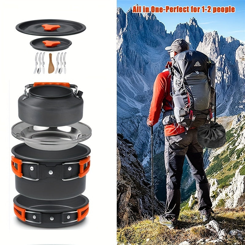Set de cuisine de camping portable pour 2-3 personnes – Casserole antiadhésive, poêle et bouilloire avec rangement pliable, kit de cuisine d'extérieur léger pour la randonnée, le trekking et les voyages