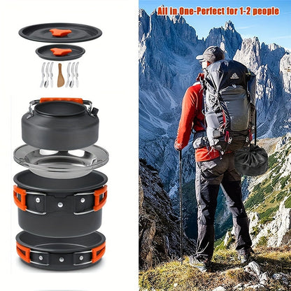 Set de cuisine de camping portable pour 2-3 personnes – Casserole antiadhésive, poêle et bouilloire avec rangement pliable, kit de cuisine d'extérieur léger pour la randonnée, le trekking et les voyages