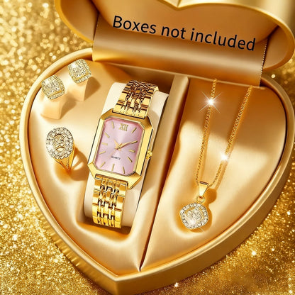 Ensemble montre à quartz et bijoux 5 pièces doré pour femme – Montre à cadran carré avec collier, boucles d'oreilles et bague assortis, ensemble cadeau élégant pour fêtes, mariages et occasions spéciales, 3 couleurs