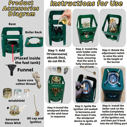 Réchaud de camping portable au kérosène avec brûleur intégré, radiateur et cuiseur à pétrole léger pour l'extérieur avec réglage de flamme pour le camping, les pique-niques et les barbecues