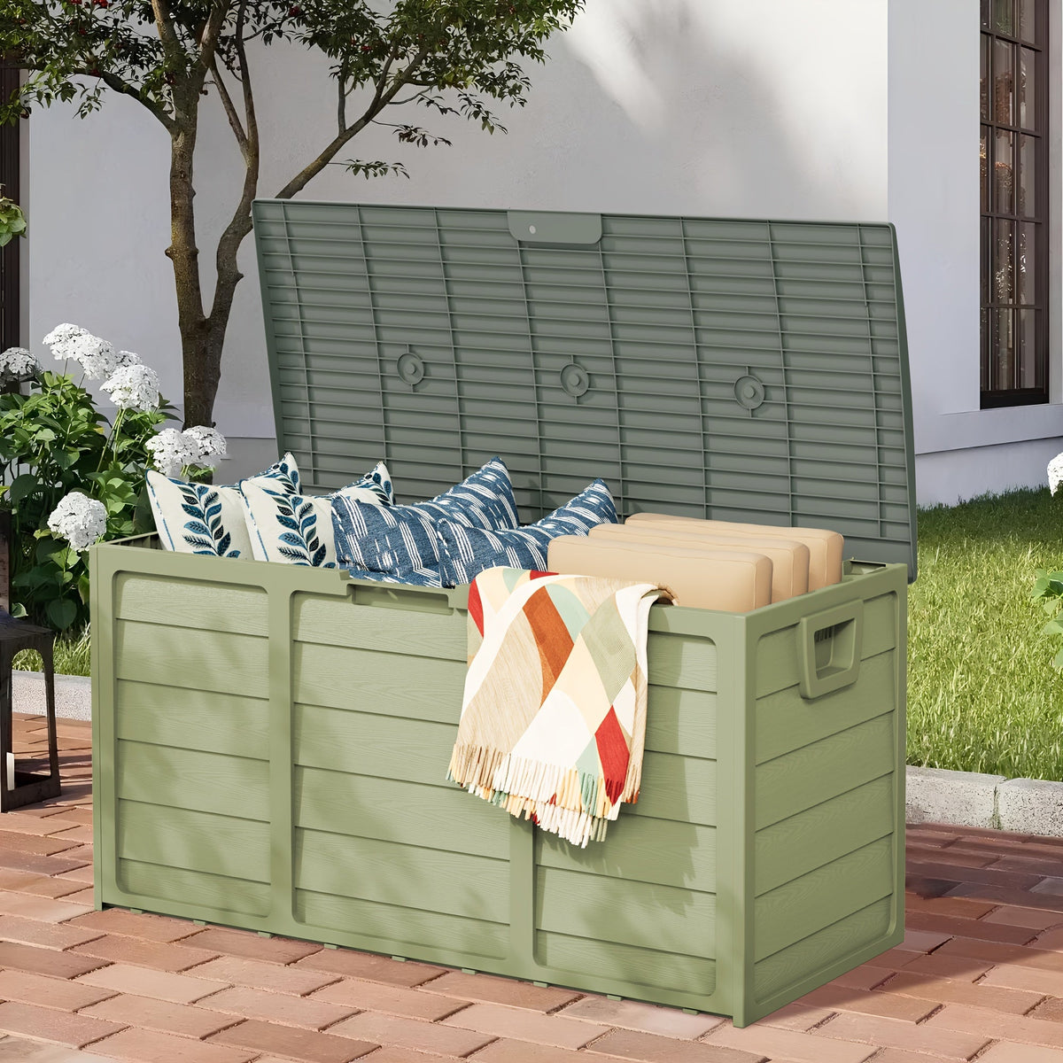Coffre de rangement extérieur en résine de 284 litres avec poignées pour accessoires de piscine, outils de jardin et équipement de camping