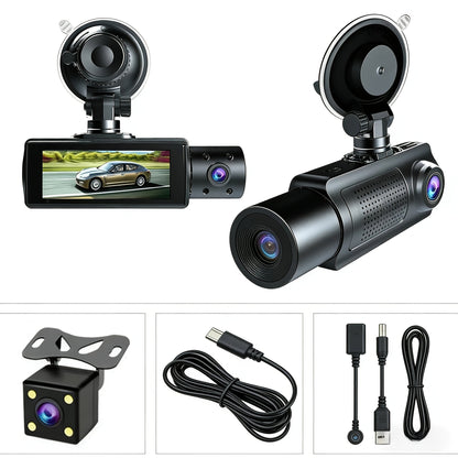 Dashcam 3 canaux avec vision nocturne infrarouge et application smartphone – Caméra avant, arrière et intérieure avec enregistrement en boucle, objectif grand angle, carte mémoire 64 Go/512 Go en option pour voitures, camions et covoiturage