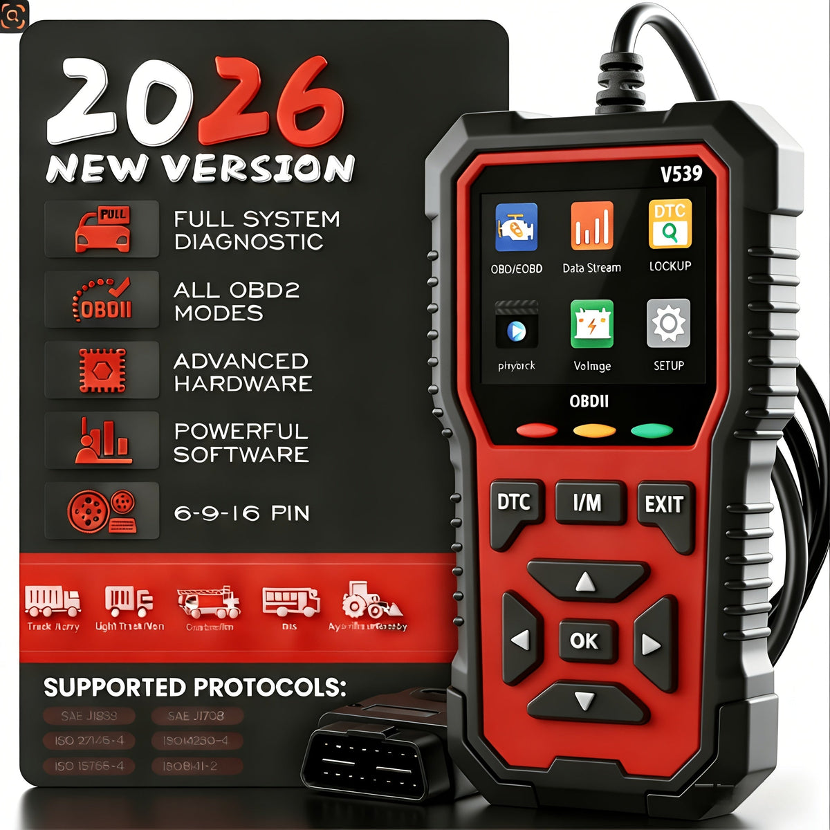 Scanner OBD2 V539 – Lecteur de code moteur complet avec 6 modes de réinitialisation, test de tension de batterie, lit et efface les codes sans batterie – Compatible avec tous les véhicules OBD2/EOBD de 1996 et plus récents