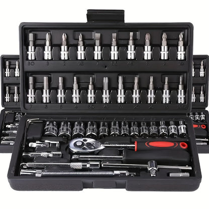 Ensemble d'outils de réparation pour maison et voiture 46 pièces – Jeu de clés à cliquet, tournevis et douilles pour réparations de voitures, motos, vélos et entretien domestique