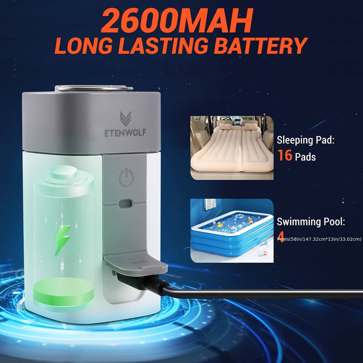 Pompe à air électrique portable 2600 mAh rechargeable par USB – Gonflage ultra-rapide pour matelas pneumatique, bouée, sacs de rangement sous vide et sacs de couchage, pompe de camping compacte et légère pour l'extérieur