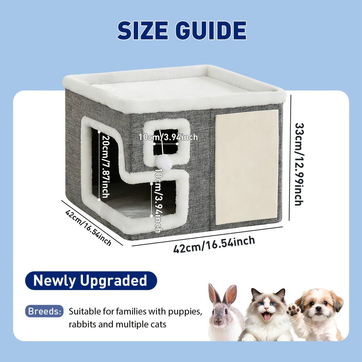 Maison pour chat 3-en-1 d'intérieur – Ottoman luxueux en bois pour dormir, jouer et faire ses griffes, cube refuge pour chats, adapté aux foyers multi-chats, gris clair, taille standard et grande