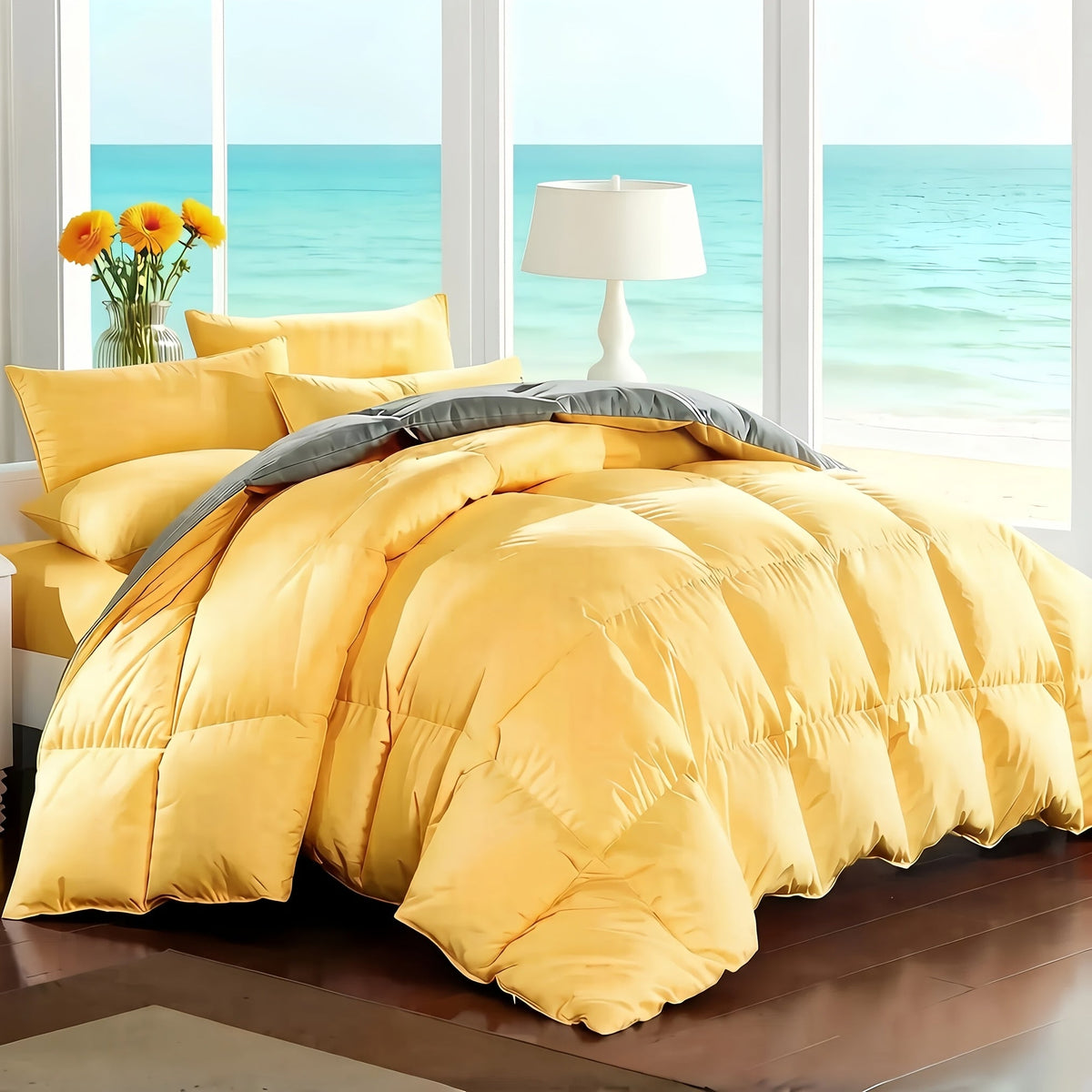 Ensemble de literie 7 pièces pour lit Queen/King – Parure de lit en microfibre douce à plis pincés, comprenant une couette, un drap-housse, un drap plat et 4 taies d'oreiller, ensemble de literie toutes saisons pour la maison et le dortoir
