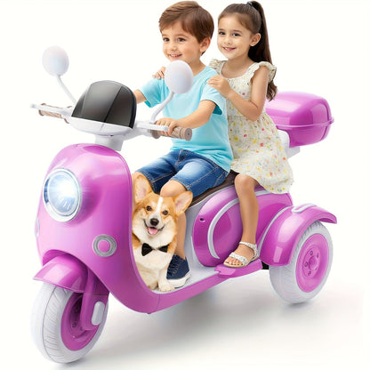 12V Kids Ride-On Motorcycle 3-Wheel Moped 2-Seater Electric Car with Dual Motor, Horn, LED Lights, Large Storage Box – Battery Powered Bike for Boys Girls Ages 3-8, Best Christmas Birthday Gift