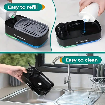 Distributeur de savon 2-en-1 avec porte-éponge intégré pour évier de cuisine – Distributeur à pompe pour comptoir pour savon à mains et vaisselle, distributeur de détergent, recharge facile, organisateur de cuisine idéal