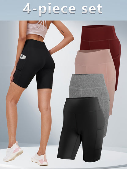 Shorts de yoga taille haute pour femmes, lot de 4, effet push-up, 5 poches – Shorts de sport respirants, extensibles et sans couture pour l'été, le yoga, le Pilates et l'entraînement en salle (Rouge, Noir, Gris, Bleu marine)