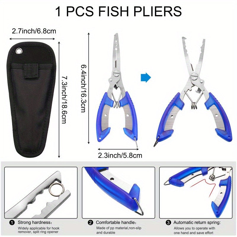 Ensemble de pinces de pêche 7 pièces : pince à poisson, décrocheur d'hameçons, écailleur, sac de rangement, acier inoxydable résistant à la corrosion pour pêche en eau douce et en mer – Cadeau de pêche pour homme