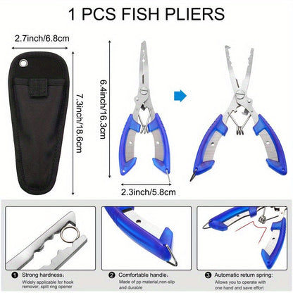 Ensemble de pinces de pêche 7 pièces : pince à poisson, décrocheur d'hameçons, écailleur, sac de rangement, acier inoxydable résistant à la corrosion pour pêche en eau douce et en mer – Cadeau de pêche pour homme