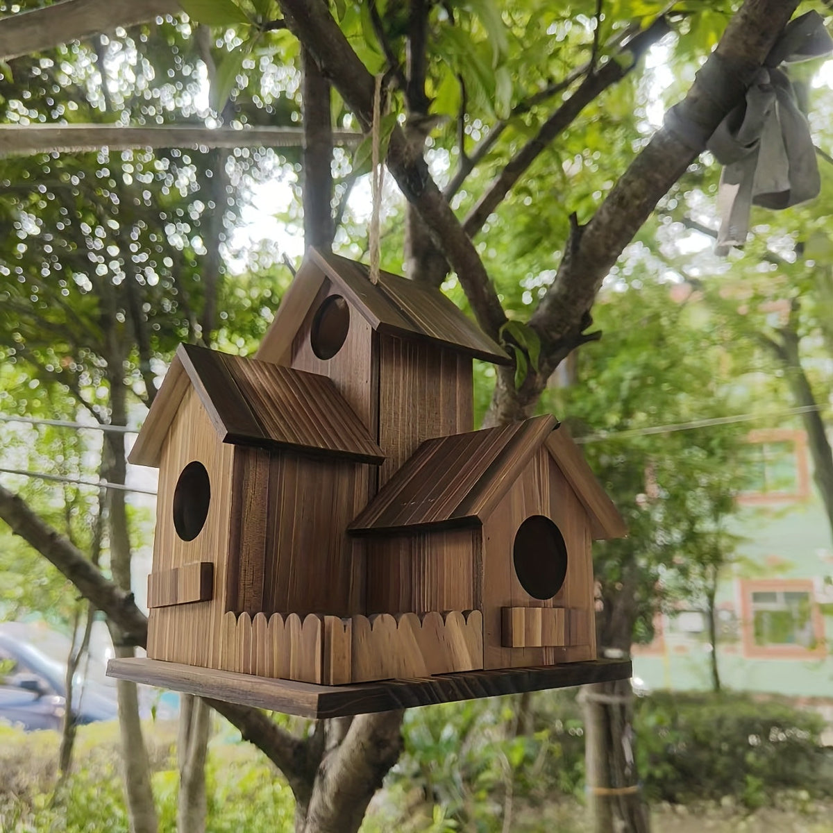 Nid d'oiseau extérieur en bois à 3 compartiments, nichoir rustique en bois naturel pour jardin, arrière-cour et terrasse – Nichoir artisanal pour petits oiseaux sauvages, décoration d'habitat naturel