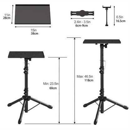 Trépied pour projecteur et ordinateur portable – Hauteur réglable avec support de téléphone col-de-cygne, plateau inclinable à 180°, capacité de 10 kg, support au sol portable pour bureau, maison, scène, studio et DJ