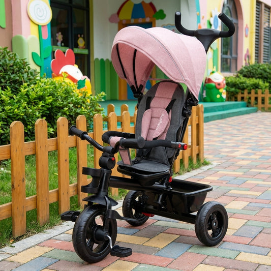 Tricycle 4-en-1 pour tout-petits avec poignée de poussée réglable et siège convertible, auvent amovible, harnais de sécurité et panier de rangement - Tricycle à pousser pour enfants de 18 à 60 mois, vélo rose à chevaucher pour filles