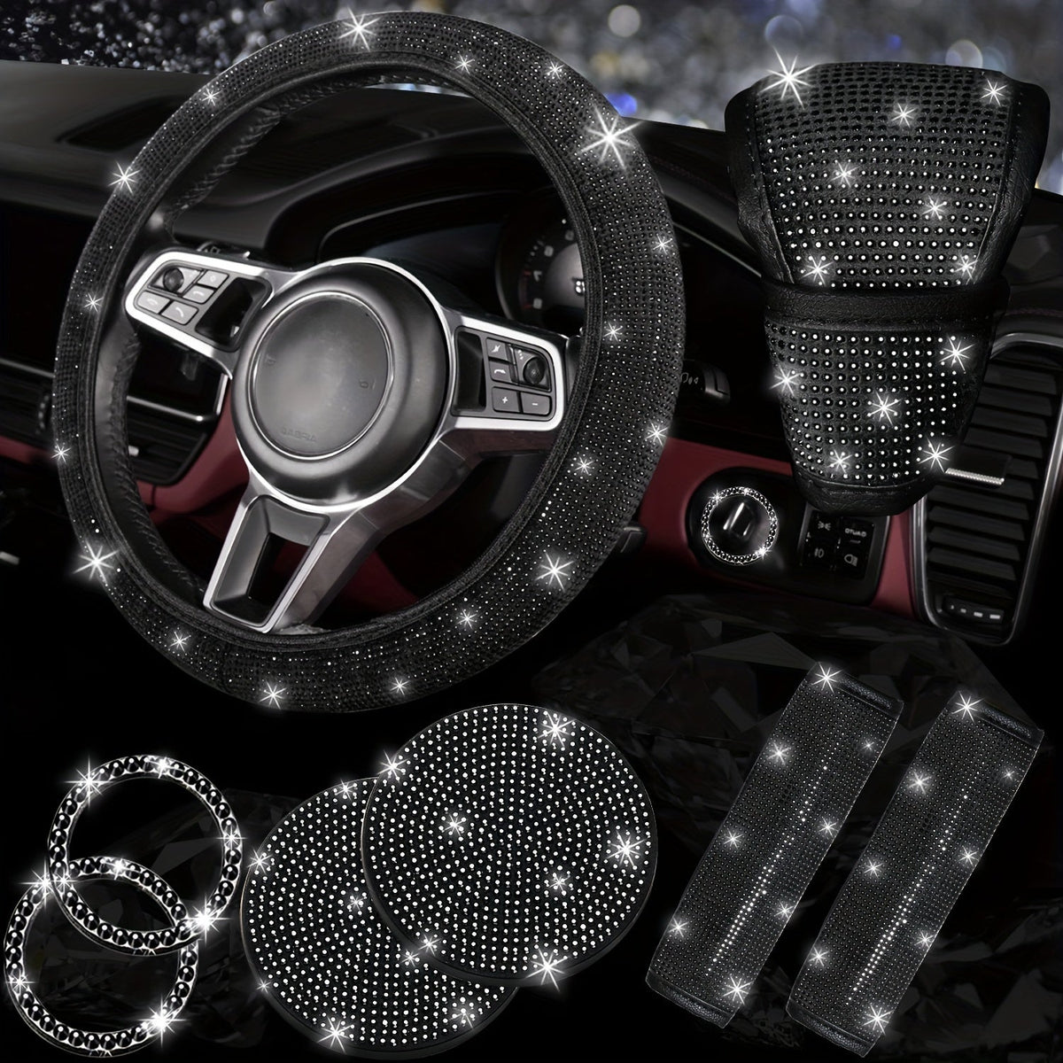 Ensemble d'accessoires de voiture 8 pièces en strass pour femme – Housse de volant, sous-verres, coussinets de ceinture de sécurité, anneaux de démarrage et housse de pommeau de levier de vitesse, 7 couleurs, kit intérieur à paillettes scintillantes