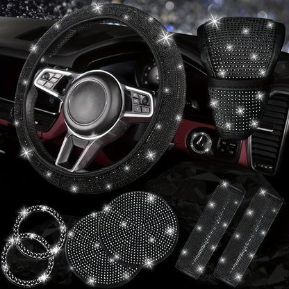 Ensemble d'accessoires de voiture 8 pièces en strass pour femme – Housse de volant, sous-verres, coussinets de ceinture de sécurité, anneaux de démarrage et housse de pommeau de levier de vitesse, 7 couleurs, kit intérieur à paillettes scintillantes