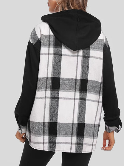 Veste à capuche à carreaux pour femme, épaules tombantes, poche plaquée tissée, vêtement d'extérieur décontracté, 100 % polyester, suédine, PU, noir et blanc, S, M, XXL