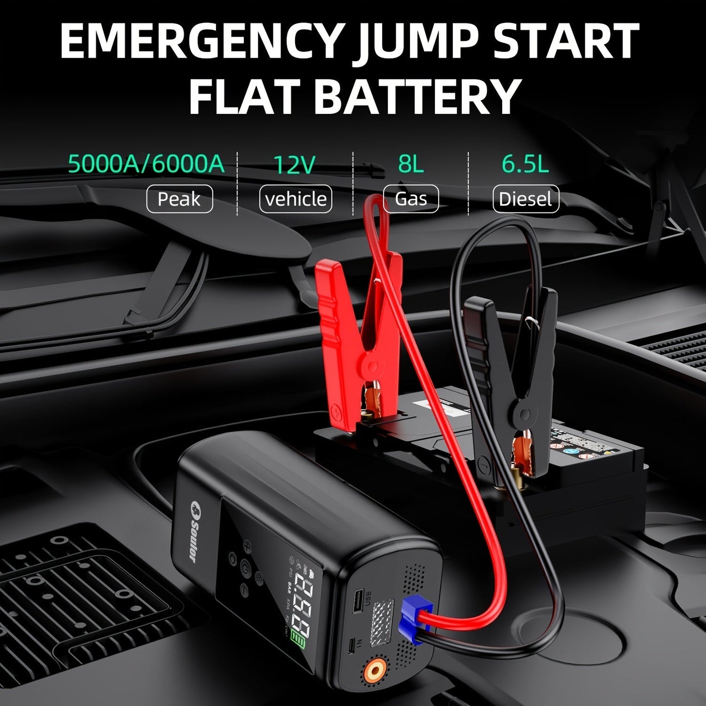 Portable Car Jump Starter 3000A-6000A – 12V Lithium Battery Booster Pack, Dual USB QC 3.0 Fast Charging Power Bank, LED Light & Compass, Fits All Gas Engines
