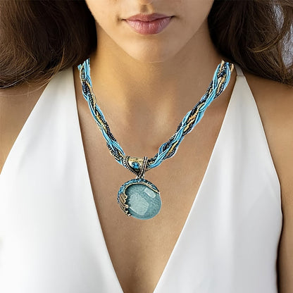 Collier ras-du-cou bohème avec pendentif en turquoise et strass pour femme, bijou vintage à chaîne en corde tressée torsadée, ajustable et imposant