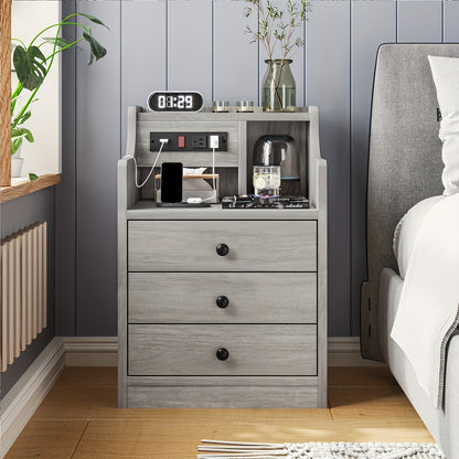 Table de chevet avec station de charge – 2 ports USB et 2 prises, étagère et 3 tiroirs, bout de canapé pour chambre, salon et bureau, gris ou blanc