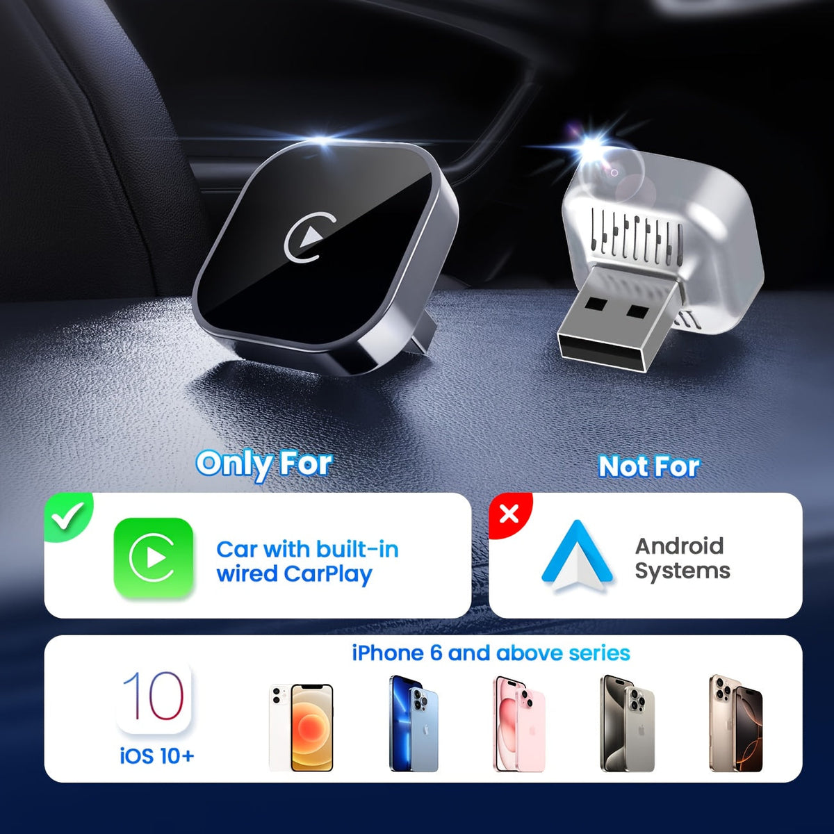 Adaptateur CarPlay sans fil, mini dongle version améliorée 2026 – 2-en-1 pour iPhone et Android Auto, conversion de filaire à sans fil, USB-A et USB-C, double bande à faible latence, connexion automatique, certifié FCC