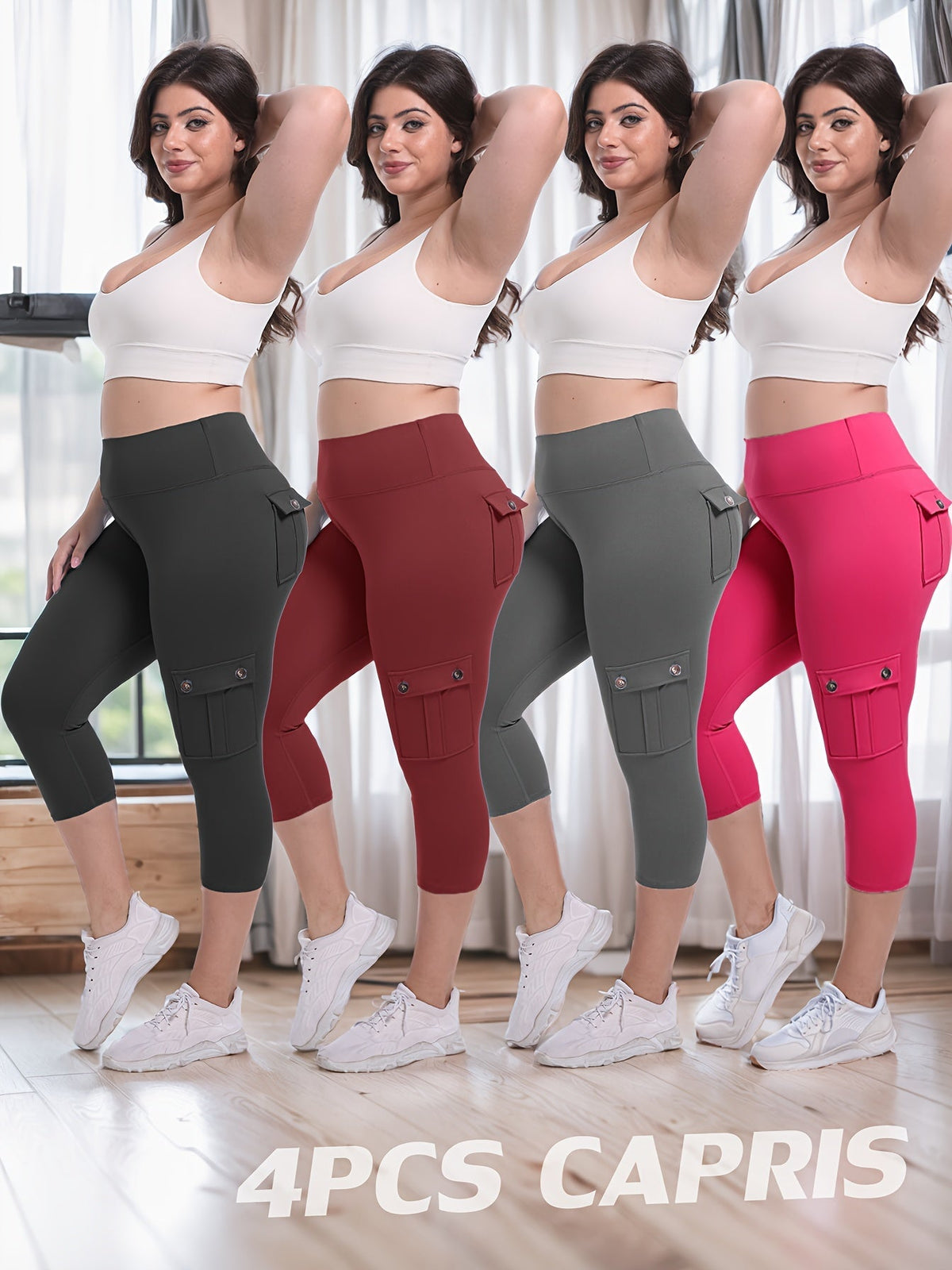 Lot de 4 pantalons de yoga Capri taille haute pour femmes, extensible dans les 4 sens, galbant, gainant, 4 poches - Leggings de sport pour la course, S-XXL, toutes saisons