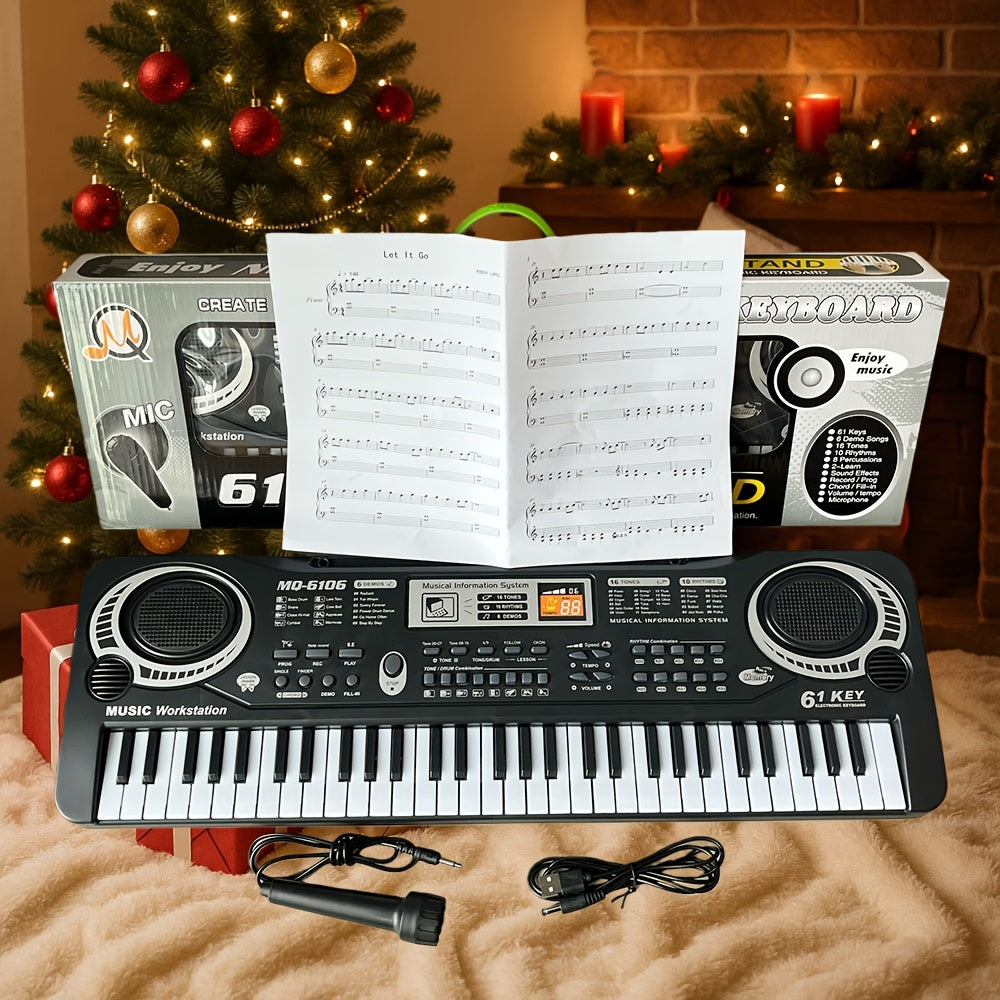 Clavier électronique 61 touches pour débutants - microphone intégré, partitions imprimées et alimentation USB, kit de démarrage complet pour enfants et adultes, cadeau d'anniversaire idéal pour les mélomanes
