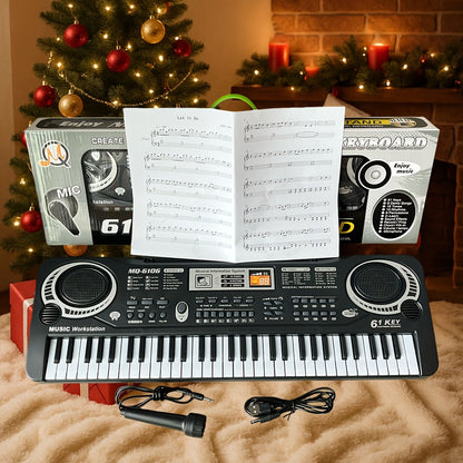 Clavier électronique 61 touches pour débutants - microphone intégré, partitions imprimées et alimentation USB, kit de démarrage complet pour enfants et adultes, cadeau d'anniversaire idéal pour les mélomanes