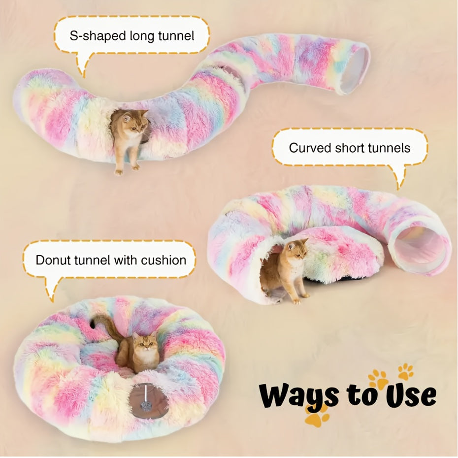 Tunnel pour chat avec lit et trou d'observation – Jouet d'intérieur en peluche douce, cachette multifonctionnelle et parc d'attractions pour chats, chatons et lapins, inclut un foulard pour animal de compagnie, tailles petit, moyen et grand
