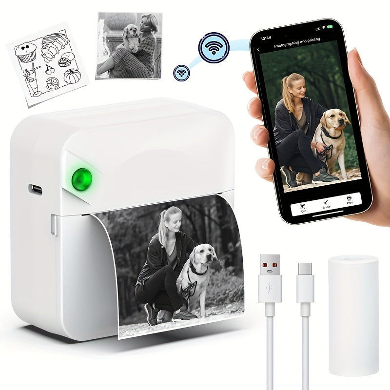 Mini imprimante thermique sans fil pour étiquettes – Imprimante de poche Bluetooth portable sans encre pour photos, journaux, notes et mémos, inclut 1 rouleau de papier thermique, imprimante intelligente de reçus et d'étiquettes