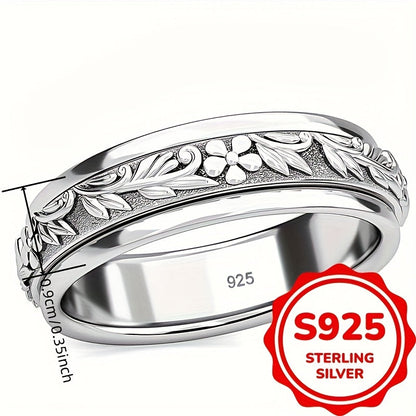 Bague large pour femme en argent sterling 925, motif vintage de feuilles et fleurs sculptées – Anneau élégant style bohème inspiré de la nature, bijou en argent hypoallergénique, tailles 6 à 10, idéal pour le quotidien, les vacances ou comme cadeau d'été